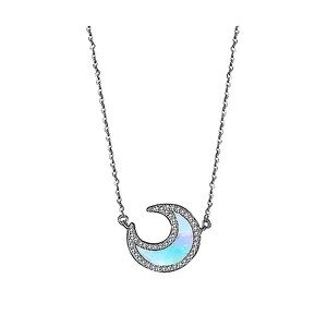 NEW Women's Opal Moon Pave Diamond‎ Simulant Necklace 925 Silver White 16-18”